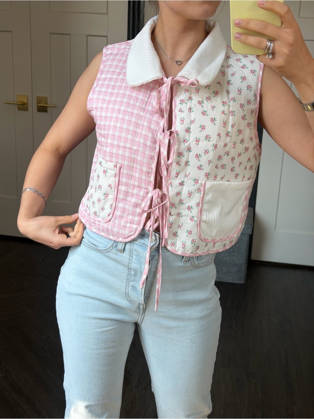 Pink Patchwork Tie-Front Quilted Vest